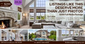 Real estate media package ad promoting $299 deal for interior and exterior photos, social media reel, and sky replacements.